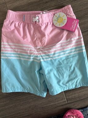 RuggedButts Pink & Light Blue Striped Swim Shorts for Kids
